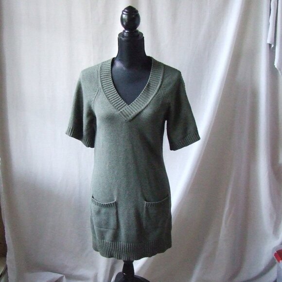 Banana Republic dress green sweater angora fur v-neck knee length preppy cozy XS - Picture 1 of 14